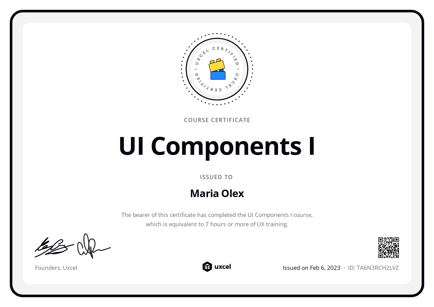 Maria Olex's certificate